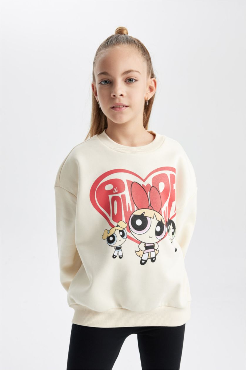FILLES Écru Sweat-Shirt Épais Col Rond Avec Intérieur En Polaire Douce Imprimé Powerpuff Girls Pour Fille