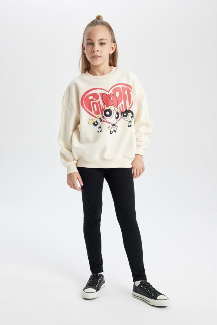 FILLES Écru Sweat-Shirt Épais Col Rond Avec Intérieur En Polaire Douce Imprimé Powerpuff Girls Pour Fille