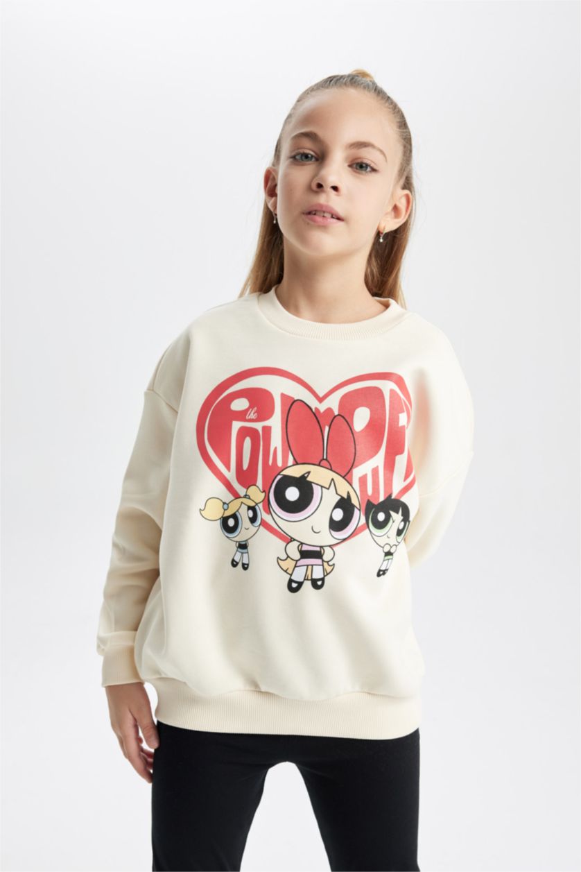 FILLES Écru Sweat-Shirt Épais Col Rond Avec Intérieur En Polaire Douce Imprimé Powerpuff Girls Pour Fille
