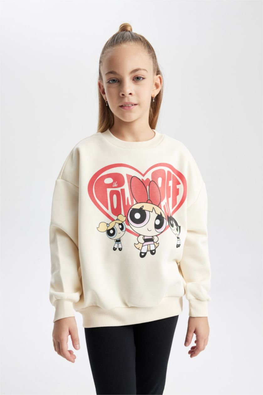 FILLES Écru Sweat-Shirt Épais Col Rond Avec Intérieur En Polaire Douce Imprimé Powerpuff Girls Pour Fille