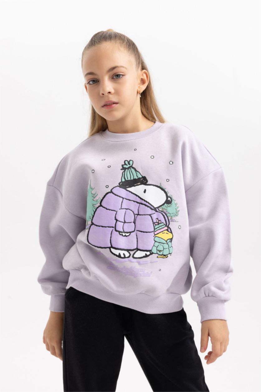 FILLES Violet Sweatshirt Épais Col Rond Avec Intérieur Polaire Douce Imprimé Snoopy Pour Fille