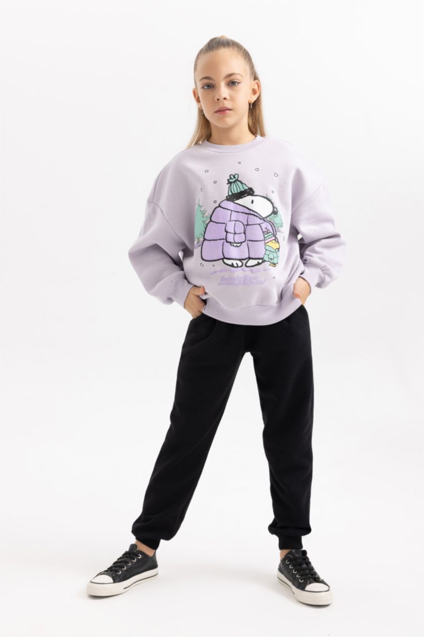 FILLES Violet Sweatshirt Épais Col Rond Avec Intérieur Polaire Douce Imprimé Snoopy Pour Fille