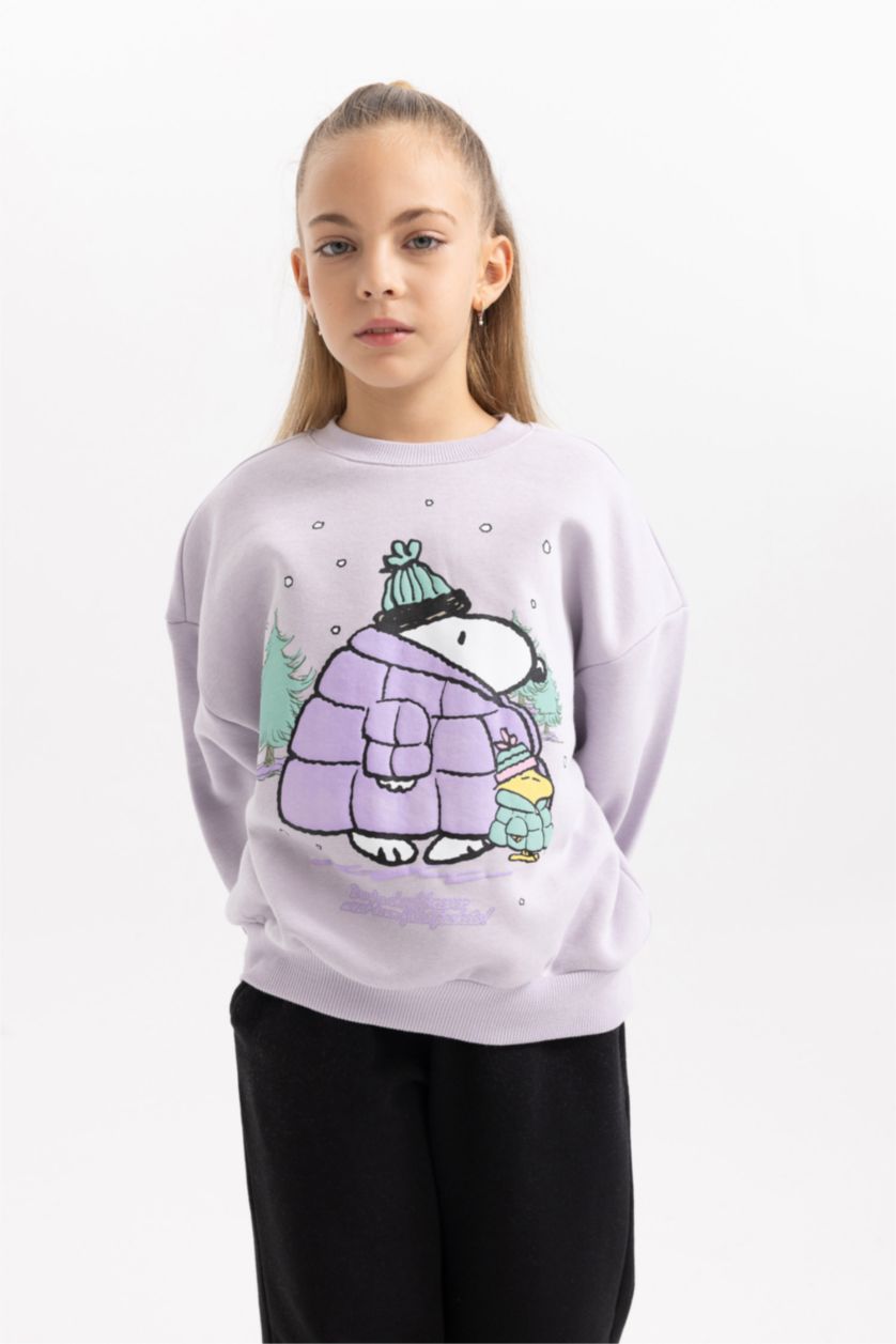 FILLES Violet Sweatshirt Épais Col Rond Avec Intérieur Polaire Douce Imprimé Snoopy Pour Fille