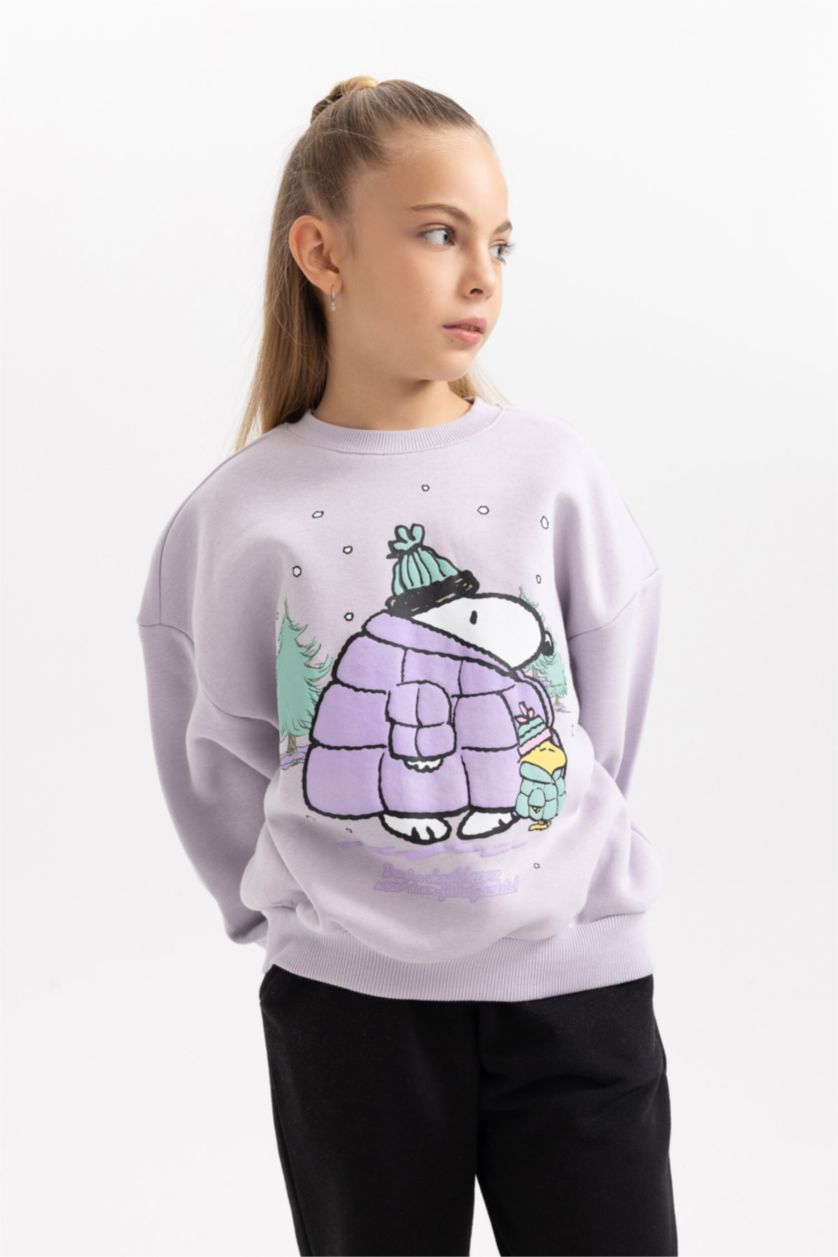 FILLES Violet Sweatshirt Épais Col Rond Avec Intérieur Polaire Douce Imprimé Snoopy Pour Fille