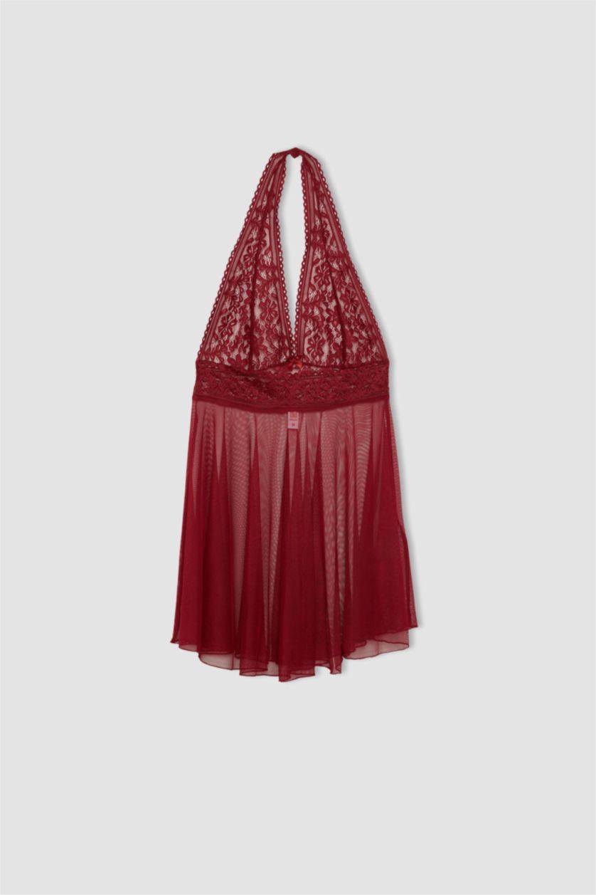 FEMME Bordeaux Robe Coupe Régulière à col en V Et Bretelles en dentelle de Fall In Love