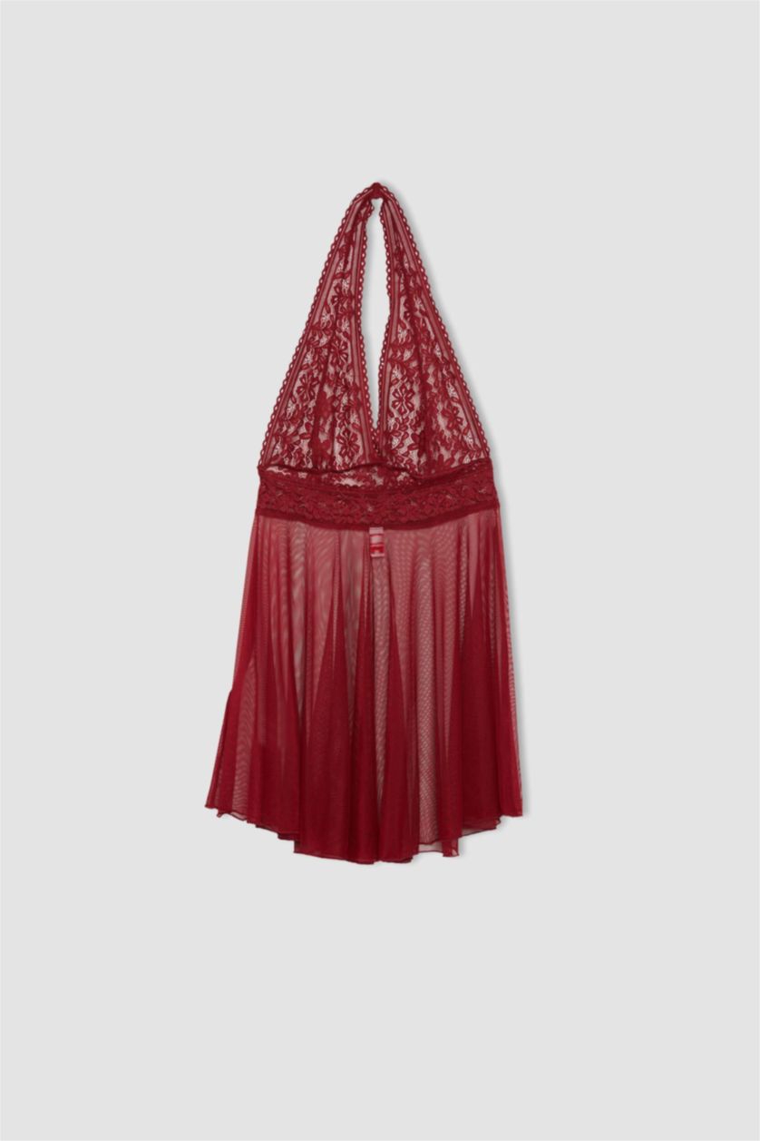 FEMME Bordeaux Robe Coupe Régulière à col en V Et Bretelles en dentelle de Fall In Love