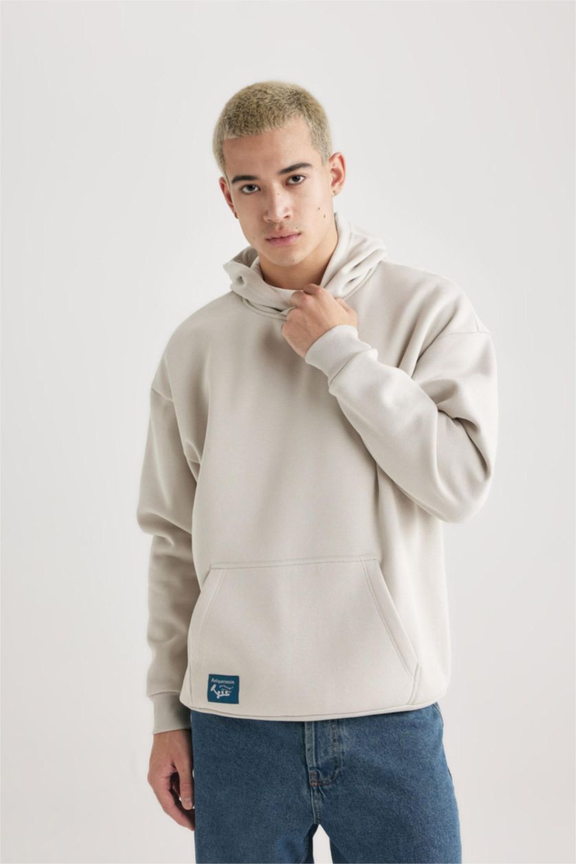 HOMME Beige Sweatshirt Oversize à Capuche Imprimé