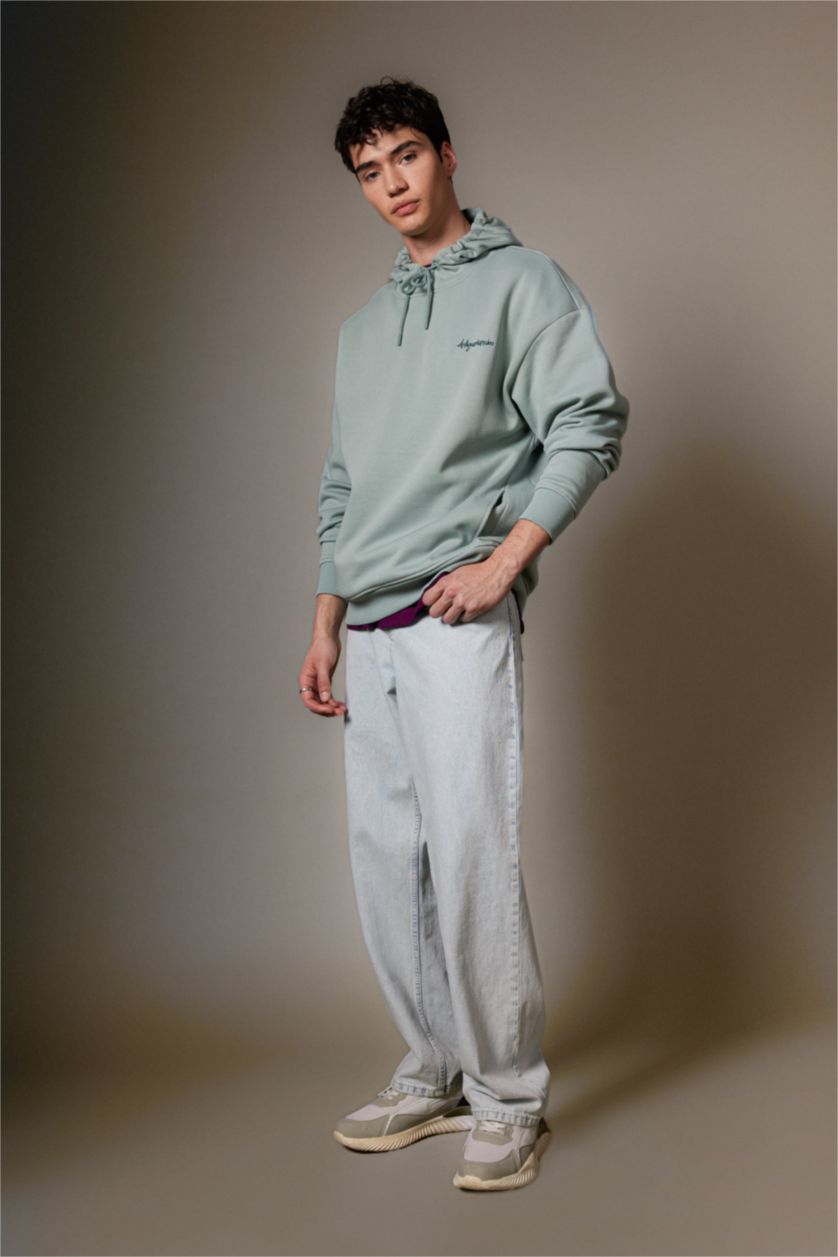 رجال رمادي فاتح سويت شيرت اوفر سايز قماش سميك بجيب