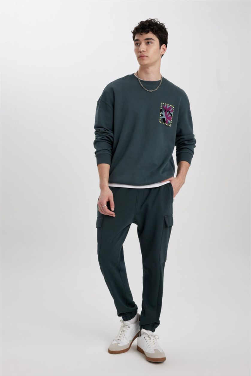 MAN Dark Green Comfort Fit Crew Neck Printed Premium Sweatshirt