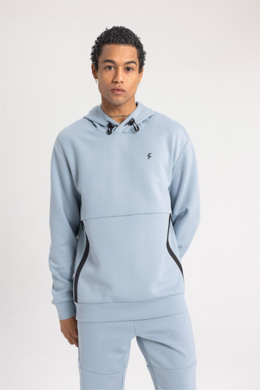 Man Blue DeFactoFit Standard Fit Crew Neck Scuba Diving Fabric Sweatshirt