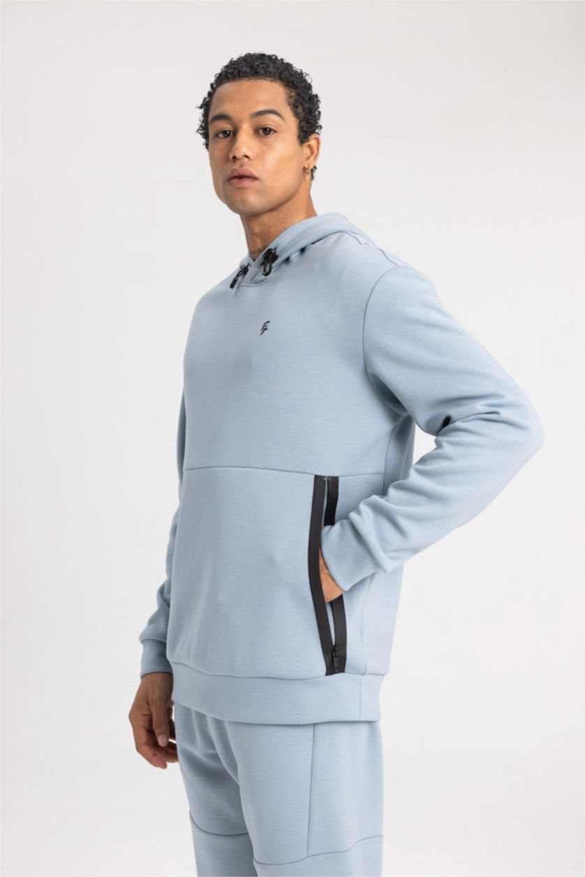 Man Blue DeFactoFit Standard Fit Crew Neck Scuba Diving Fabric Sweatshirt