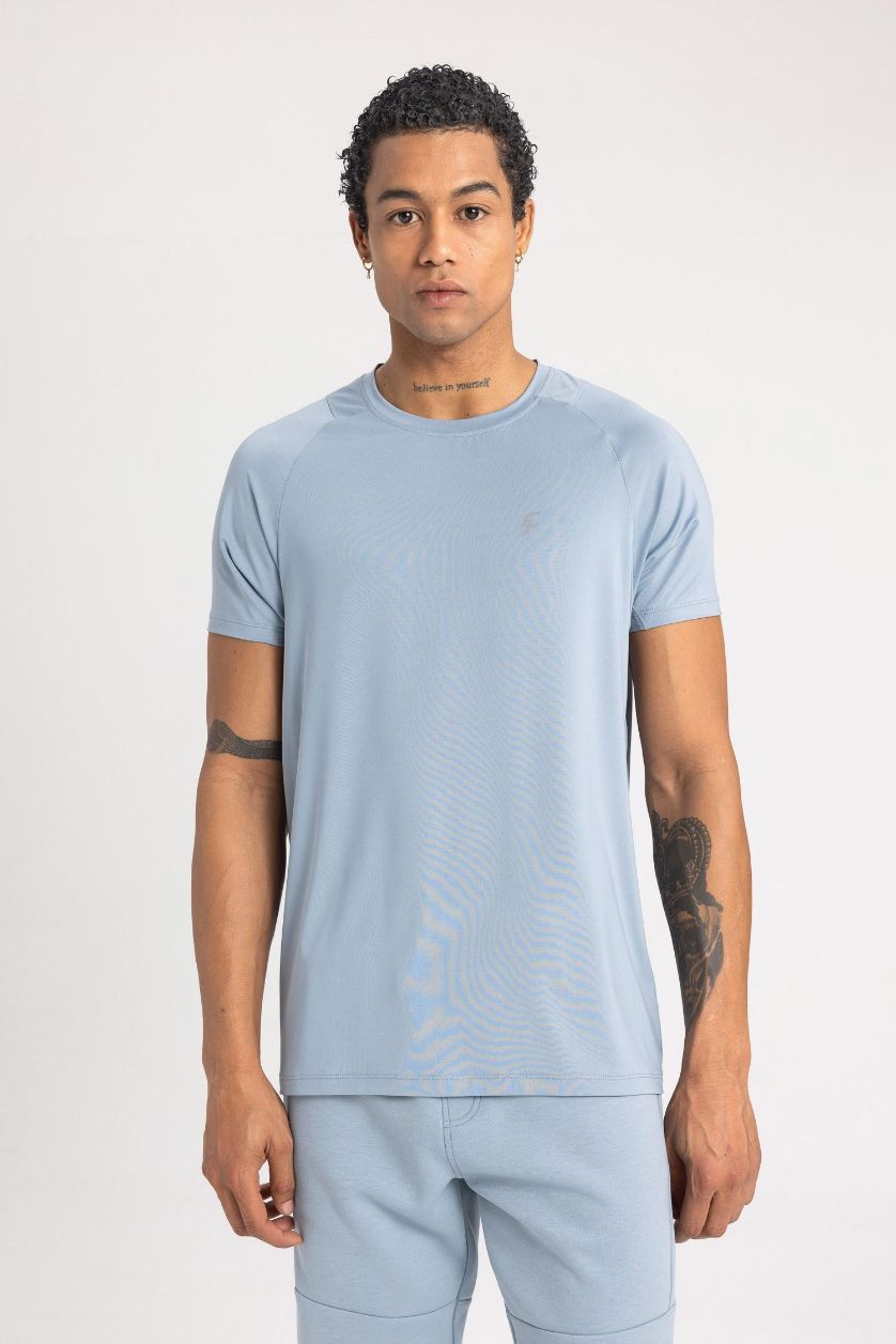رجالي أزرق تيشيرت رياضي قصة عادية برقبة مستديرة