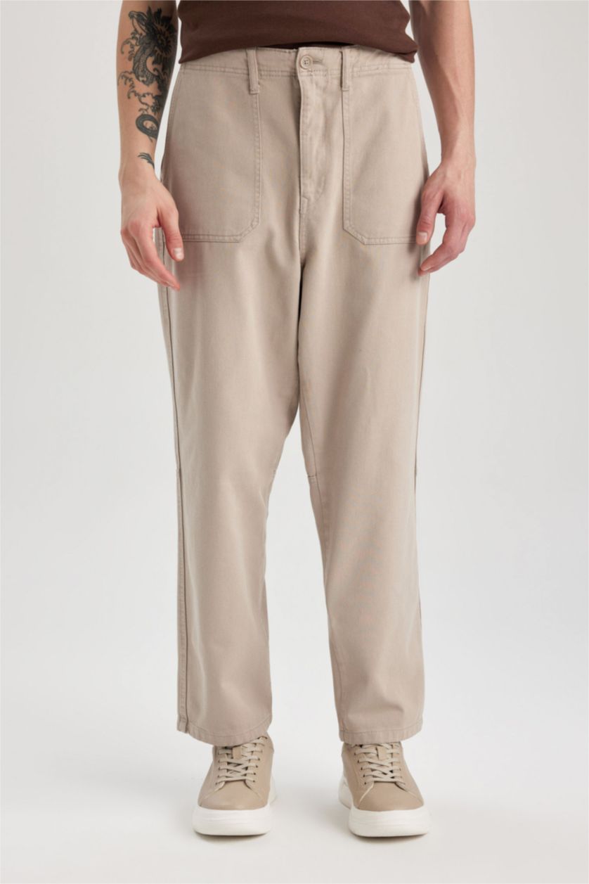 Erkek Gri Gabardin Pantolon Baggy Fit Bol Rahat Kesim Cepli Düz Paça 