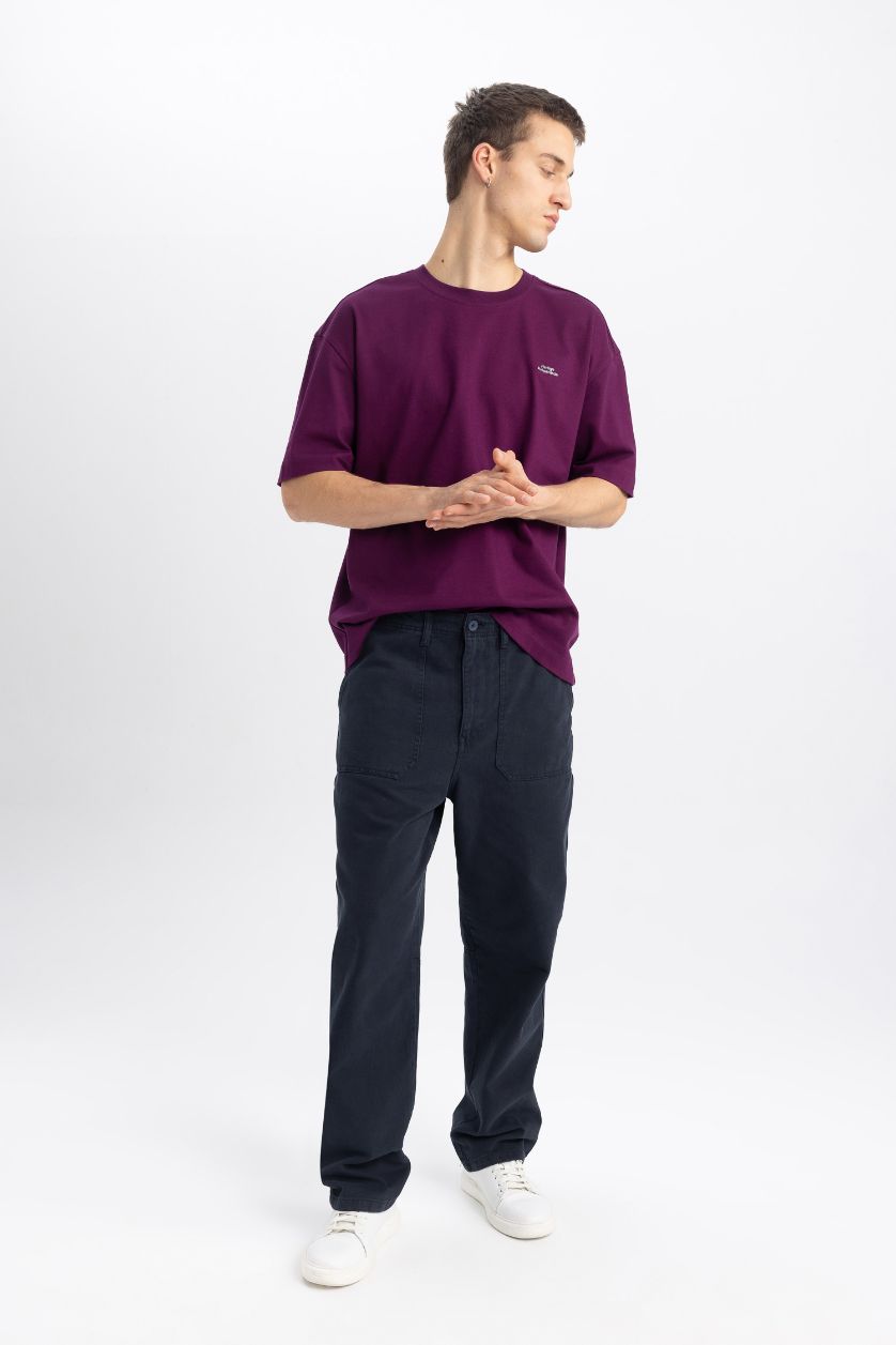 Erkek Lacivert Gabardin Pantolon Baggy Fit Bol Rahat Kesim Cepli Düz Paça