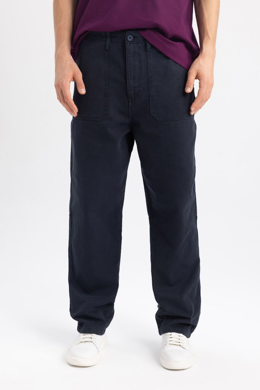 Erkek Lacivert Gabardin Pantolon Baggy Fit Bol Rahat Kesim Cepli Düz Paça