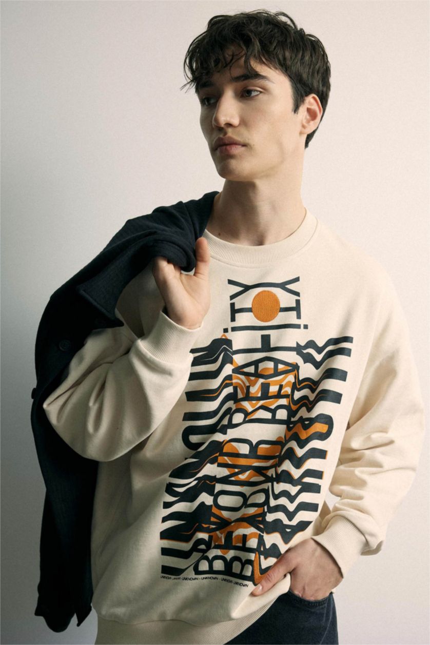 Erkek Kum Oversize Geniş Kalıp Bisiklet Yaka Baskılı Sweatshirt