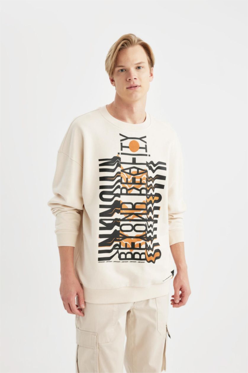 Erkek Kum Oversize Geniş Kalıp Bisiklet Yaka Baskılı Sweatshirt