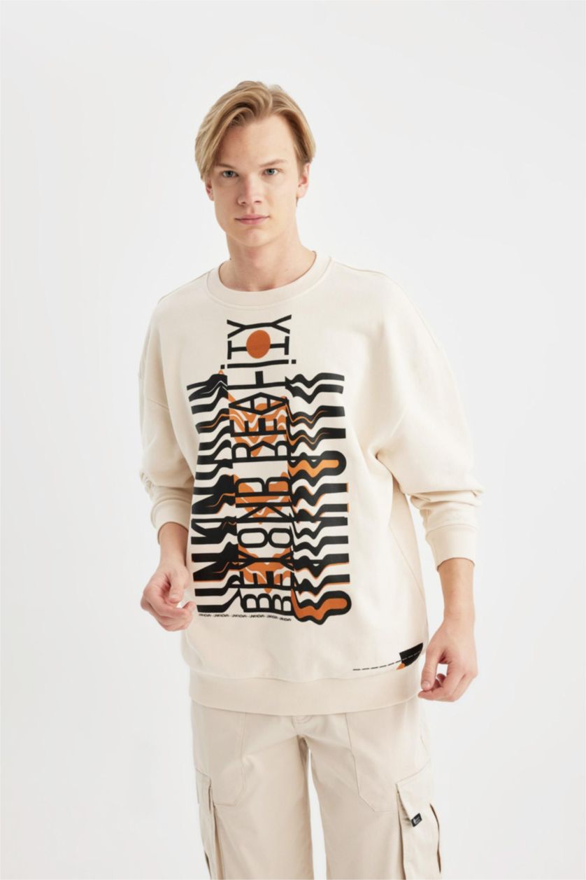 Erkek Kum Oversize Geniş Kalıp Bisiklet Yaka Baskılı Sweatshirt