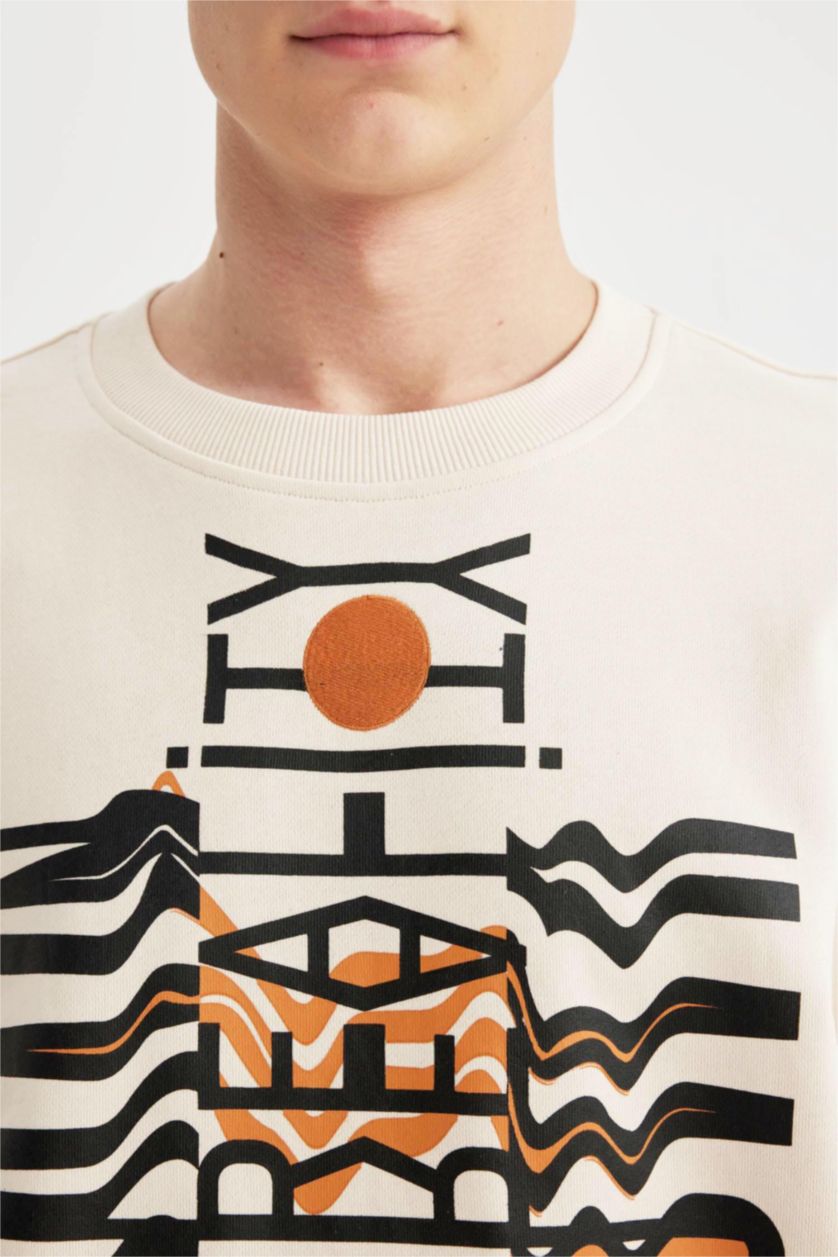 Erkek Kum Oversize Geniş Kalıp Bisiklet Yaka Baskılı Sweatshirt