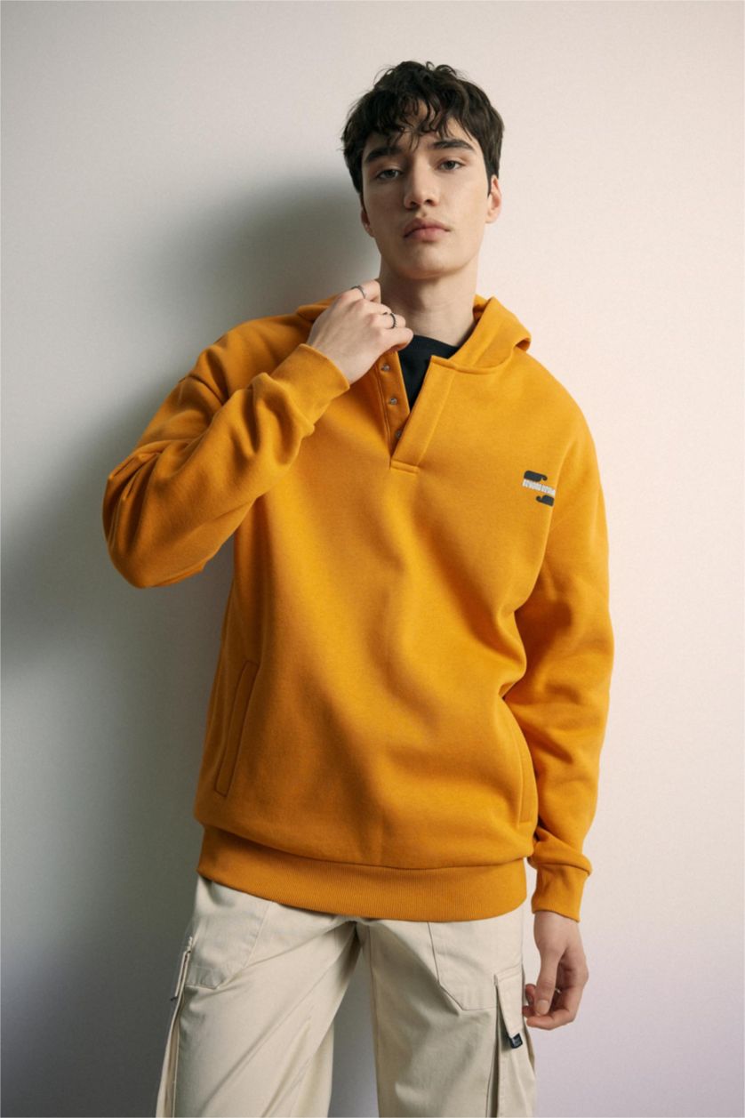 MAN Orange Comfort Regular Fit Casual Pattern Hooded Printed Sweatshirt