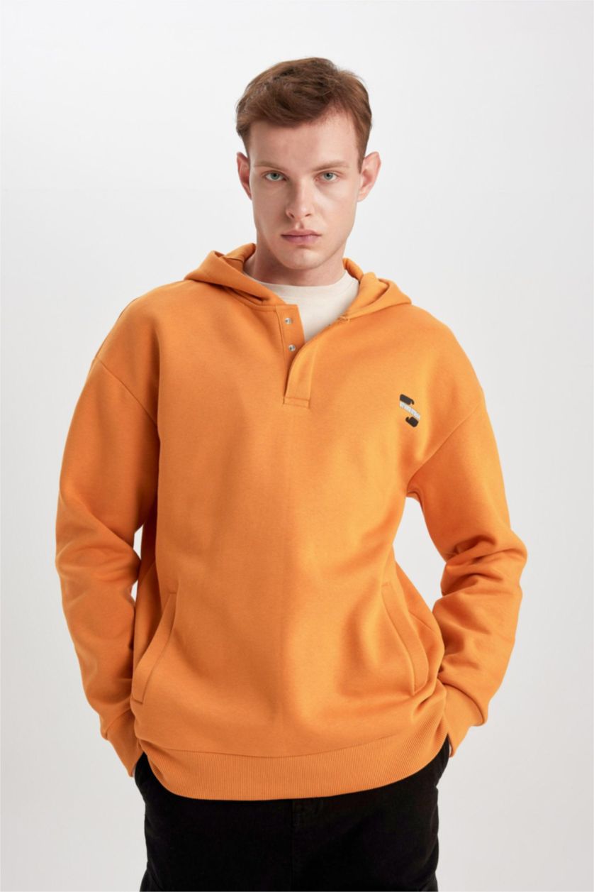 MAN Orange Comfort Regular Fit Casual Pattern Hooded Printed Sweatshirt