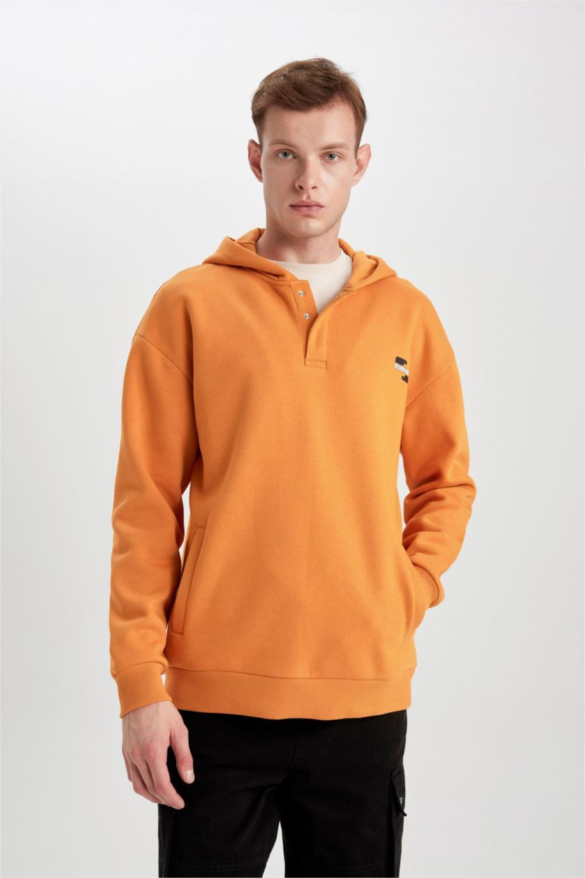 MAN Orange Comfort Regular Fit Casual Pattern Hooded Printed Sweatshirt