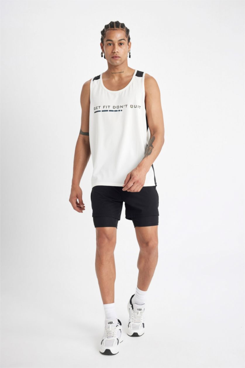 Erkek Ekru Slım Fıt Baskılı Bisiklet Yaka Sporcu Atlet