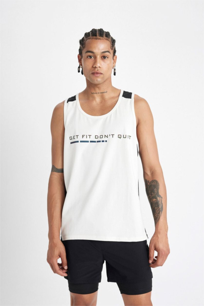 Erkek Ekru Slım Fıt Baskılı Bisiklet Yaka Sporcu Atlet