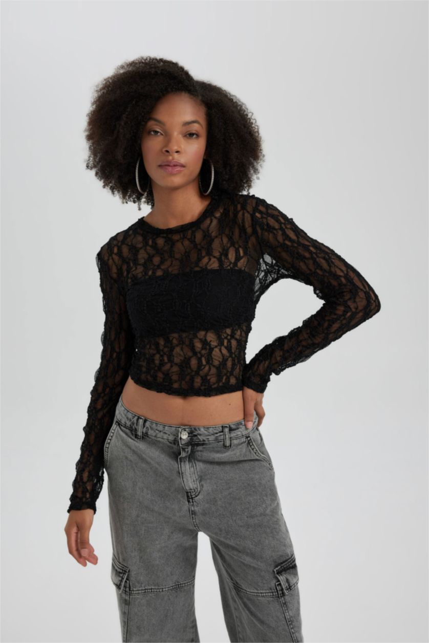 حريمي أسود بلوزة اسود كروب دانتيل بكم طويل