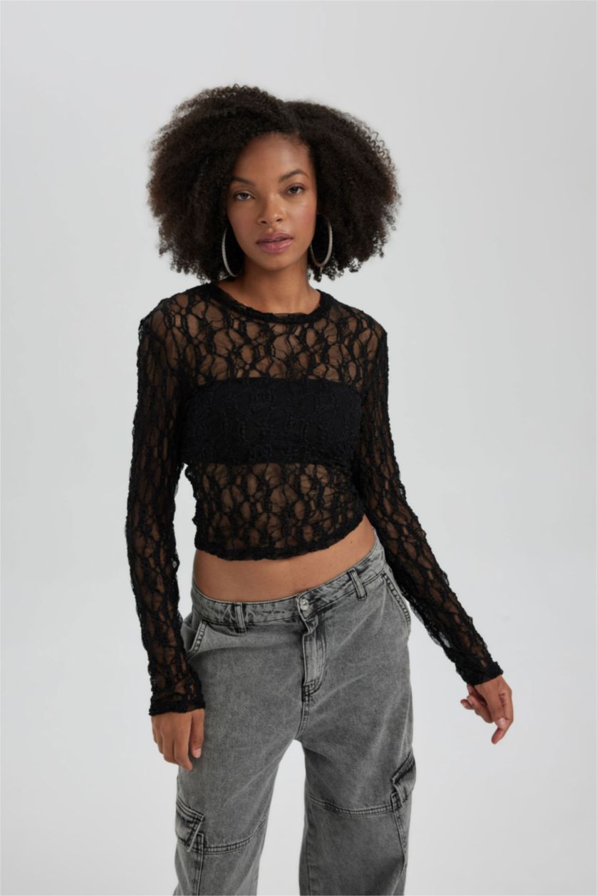 حريمي أسود بلوزة اسود كروب دانتيل بكم طويل