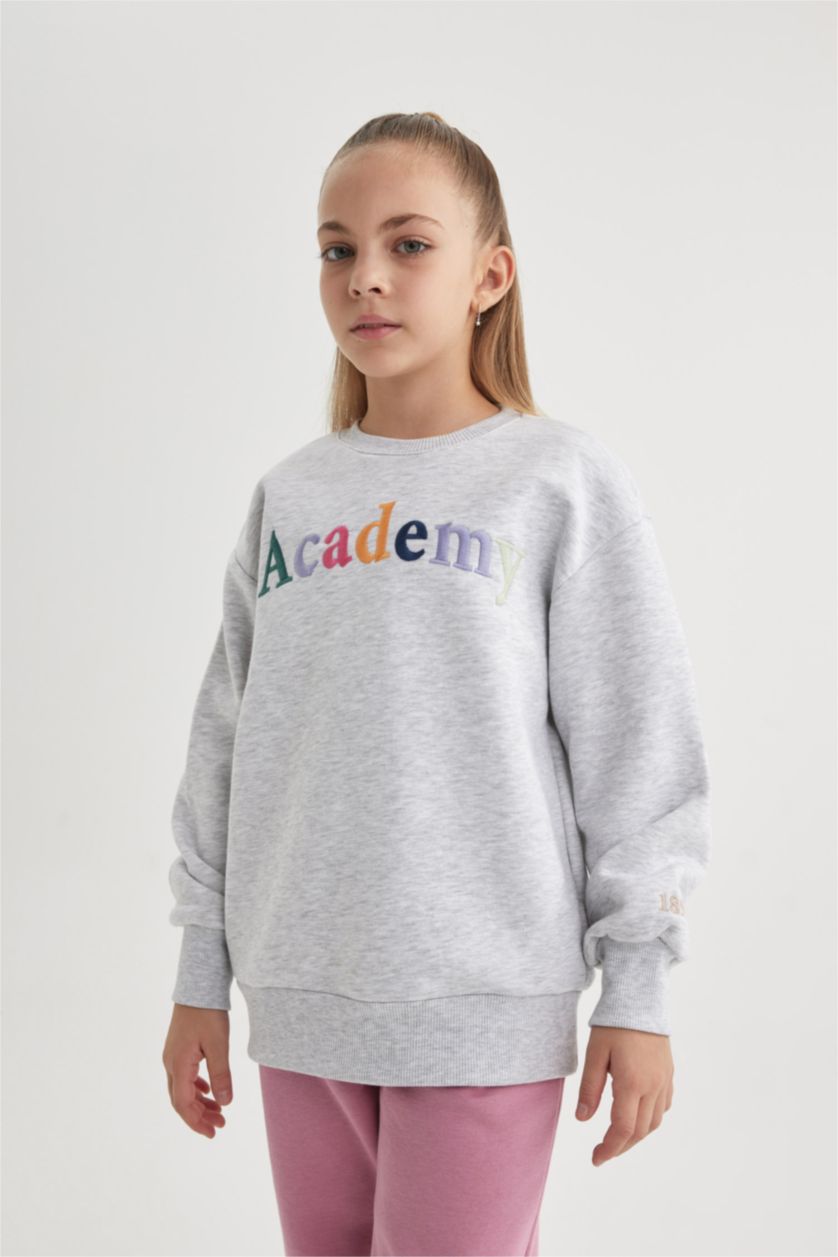 GIRLS & TEENS Grey Melange Girl Crew Neck Printed Thick Sweatshirt