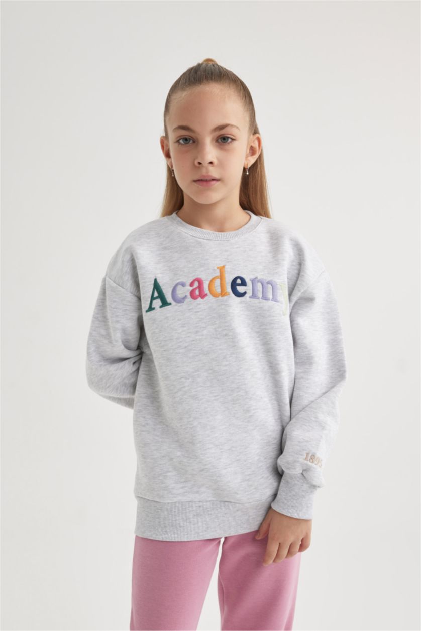GIRLS & TEENS Grey Melange Girl Crew Neck Printed Thick Sweatshirt