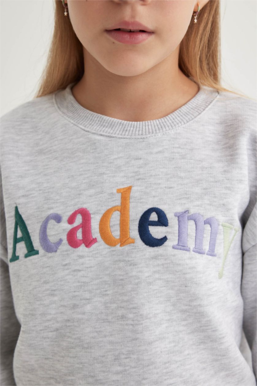 GIRLS & TEENS Grey Melange Girl Crew Neck Printed Thick Sweatshirt