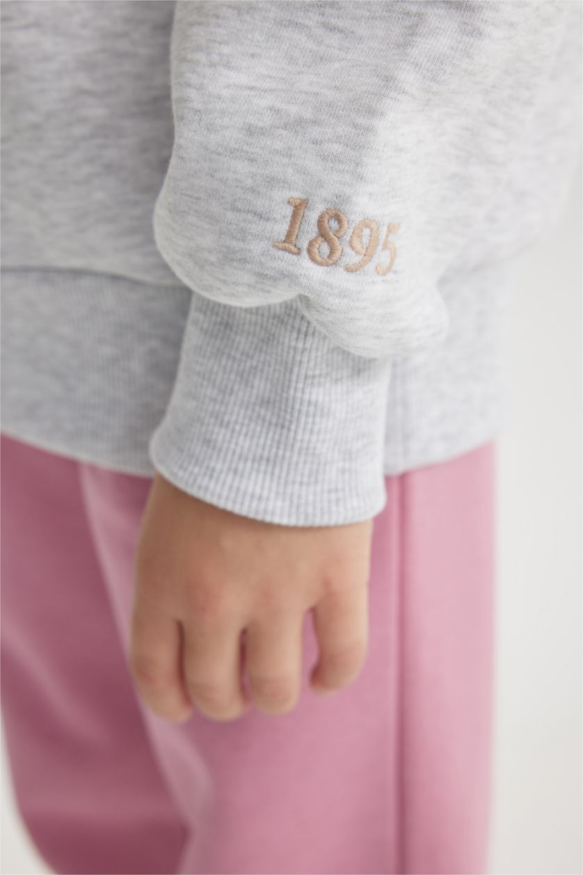 GIRLS & TEENS Grey Melange Girl Crew Neck Printed Thick Sweatshirt