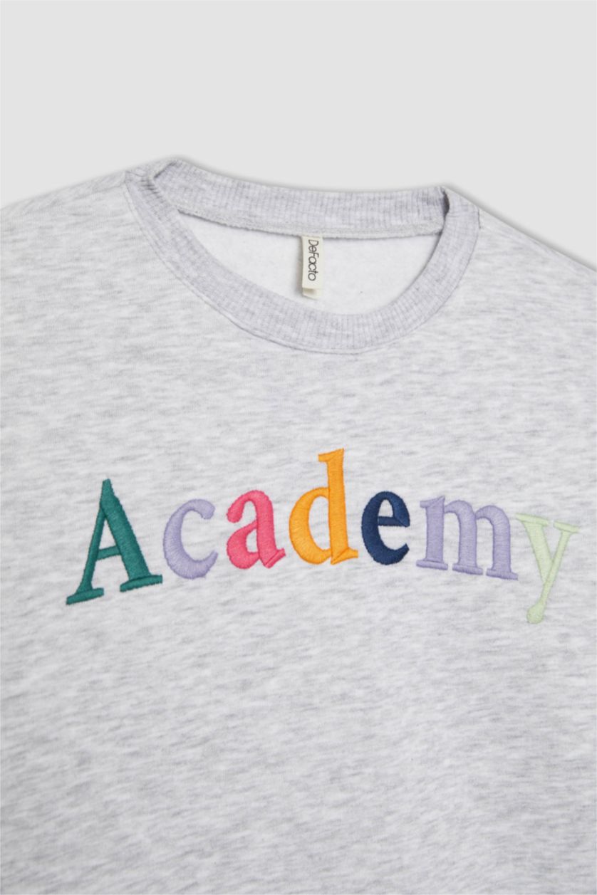 GIRLS & TEENS Grey Melange Girl Crew Neck Printed Thick Sweatshirt