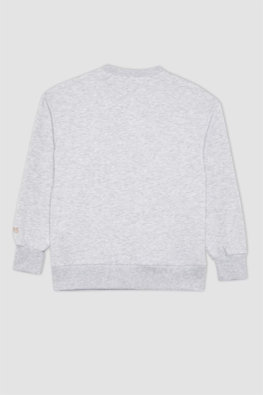 GIRLS & TEENS Grey Melange Girl Crew Neck Printed Thick Sweatshirt