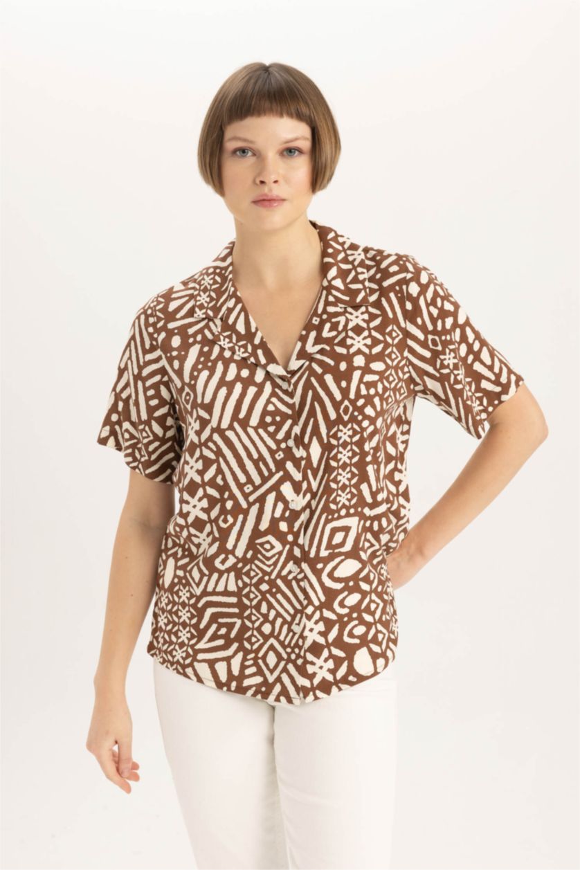 FEMME Marron Chemise Coupe Régulière Col Polo à Manches Courtes