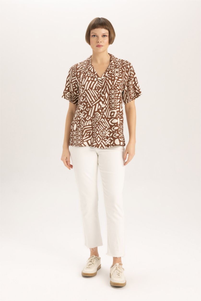 FEMME Marron Chemise Coupe Régulière Col Polo à Manches Courtes