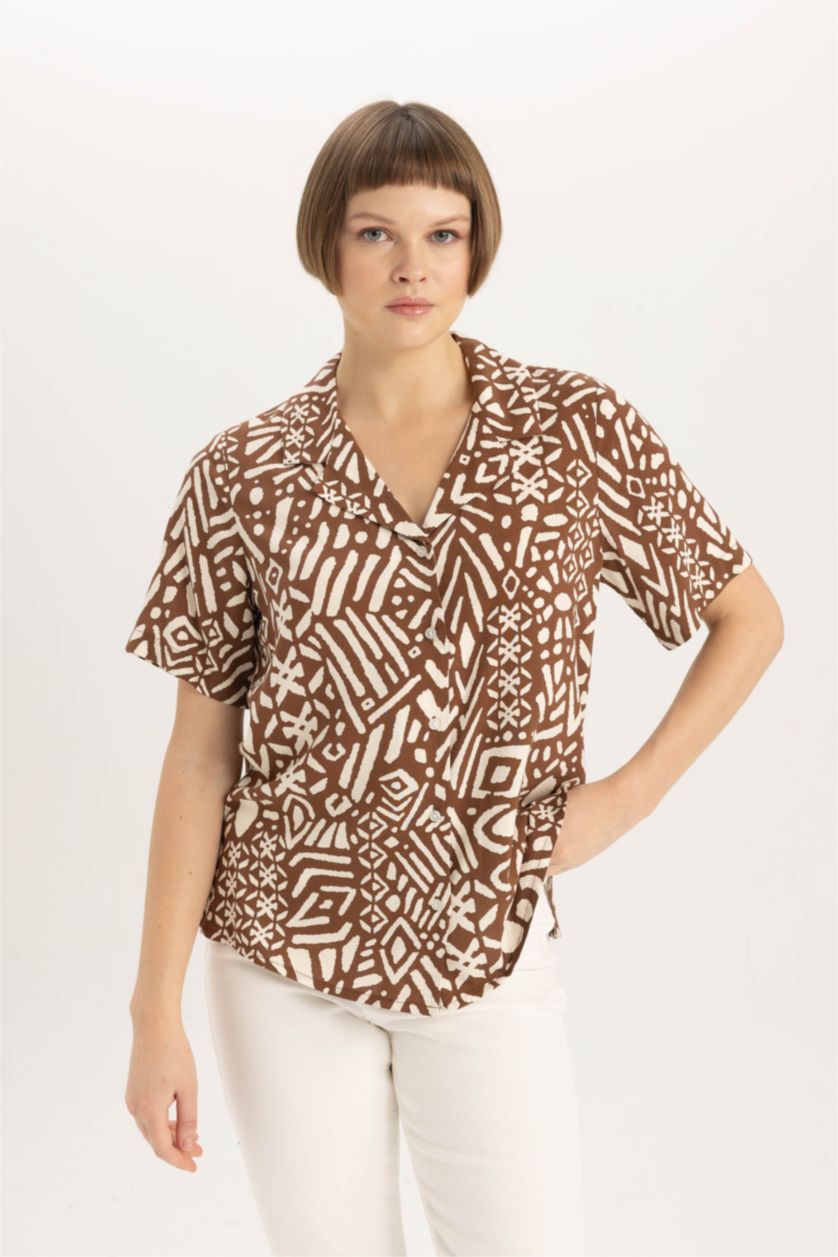 FEMME Marron Chemise Coupe Régulière Col Polo à Manches Courtes