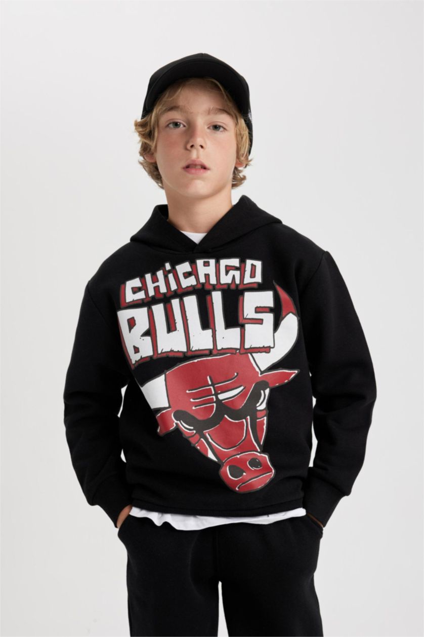 Erkek Çocuk - Genç Erkek Siyah Erkek Çocuk NBA Chicago Bulls Kapüşonlu Kalın Sweatshirt