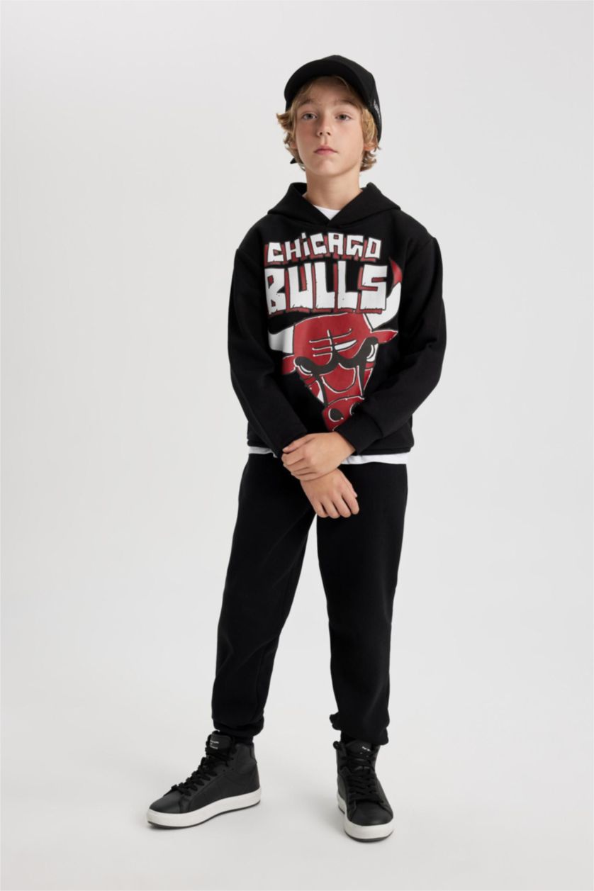 Erkek Çocuk - Genç Erkek Siyah Erkek Çocuk NBA Chicago Bulls Kapüşonlu Kalın Sweatshirt