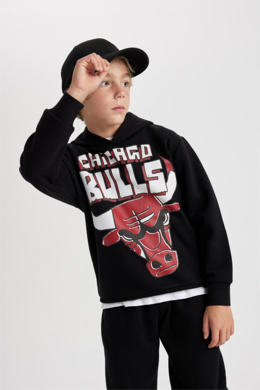 Erkek Çocuk - Genç Erkek Siyah Erkek Çocuk NBA Chicago Bulls Kapüşonlu Kalın Sweatshirt