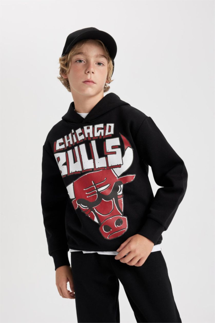 Erkek Çocuk - Genç Erkek Siyah Erkek Çocuk NBA Chicago Bulls Kapüşonlu Kalın Sweatshirt
