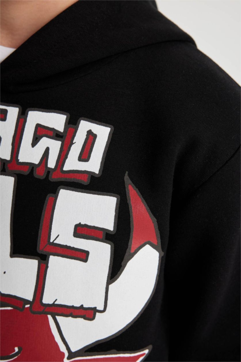 Erkek Çocuk - Genç Erkek Siyah Erkek Çocuk NBA Chicago Bulls Kapüşonlu Kalın Sweatshirt