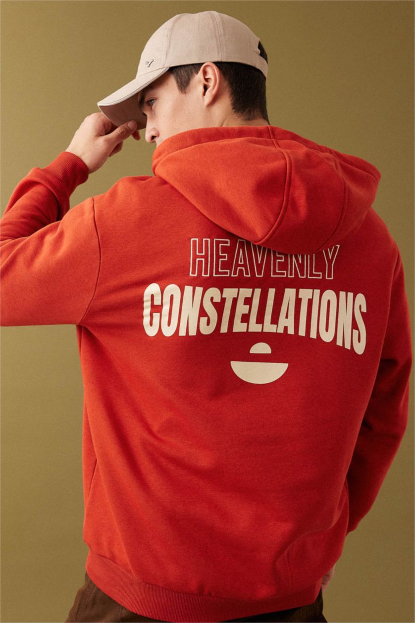 Erkek Koyu Turuncu Oversize Geniş Kalıp Kapüşonlu Sırt Baskılı Sweatshirt