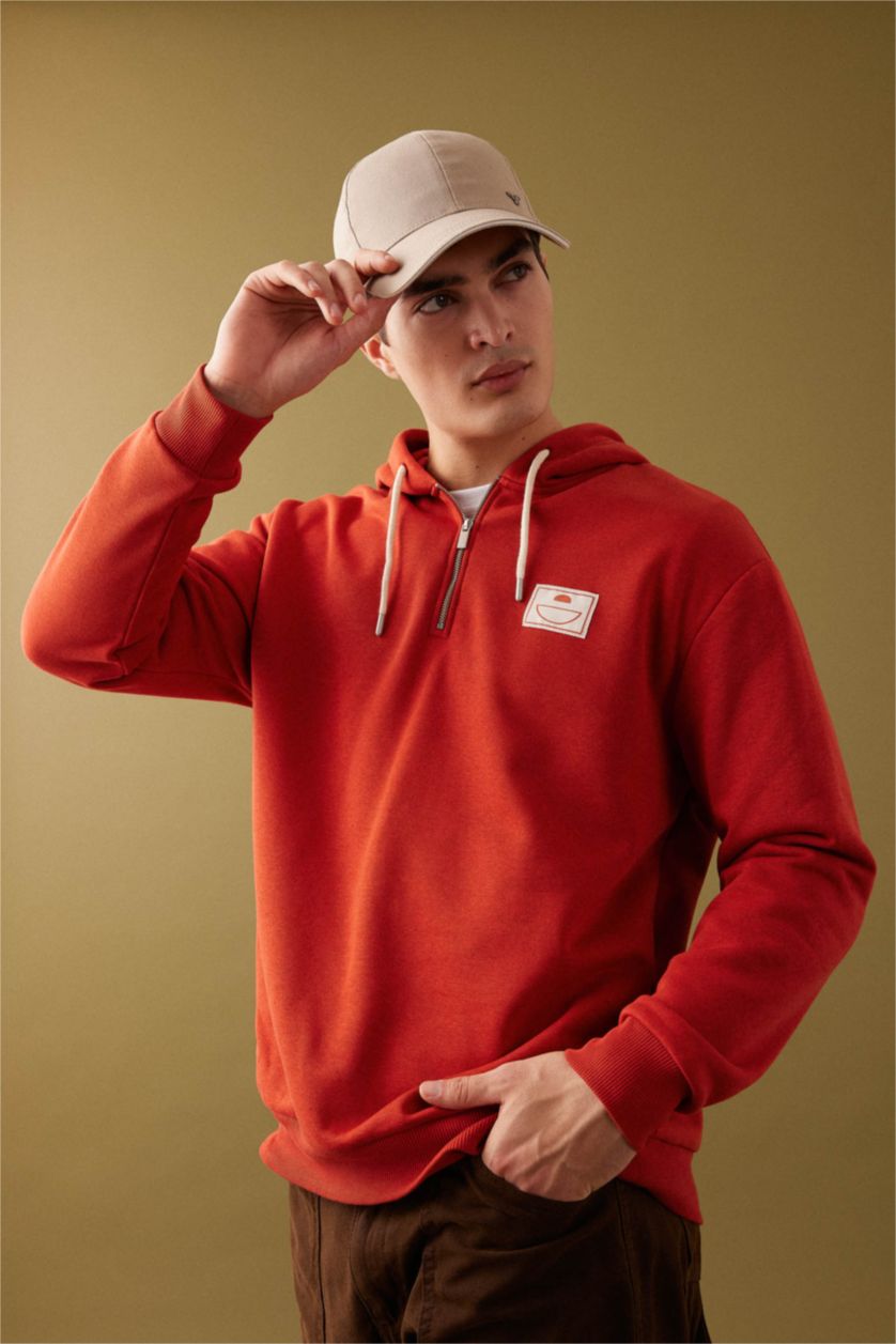 Erkek Koyu Turuncu Oversize Geniş Kalıp Kapüşonlu Sırt Baskılı Sweatshirt