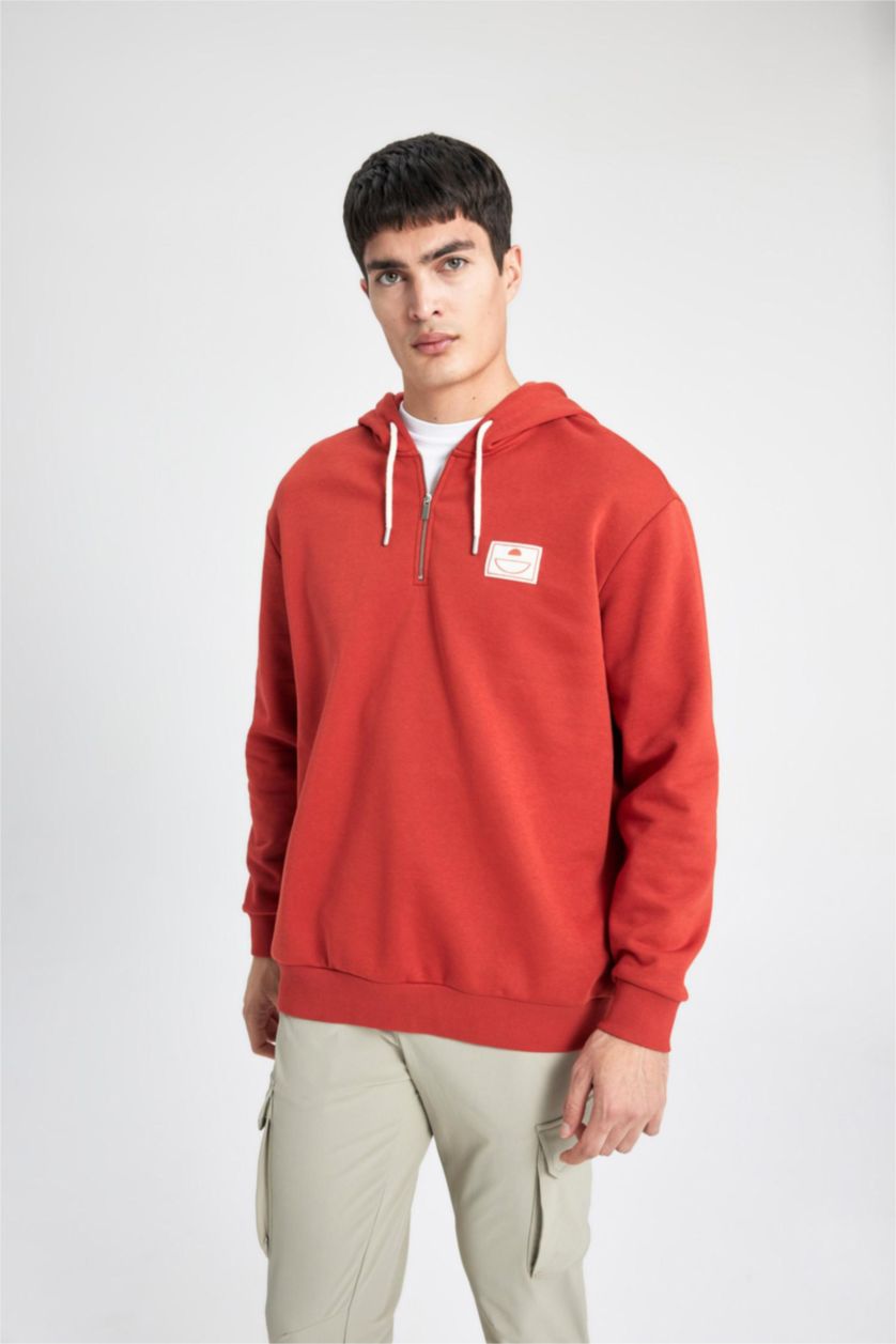 Erkek Koyu Turuncu Oversize Geniş Kalıp Kapüşonlu Sırt Baskılı Sweatshirt