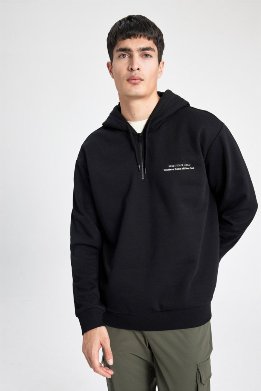 Erkek Siyah Oversize Geniş Kalıp Yarım Fermuarlı Kapüşonlu Sırt Baskılı Sweatshirt