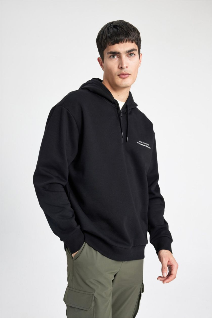 Erkek Siyah Oversize Geniş Kalıp Yarım Fermuarlı Kapüşonlu Sırt Baskılı Sweatshirt