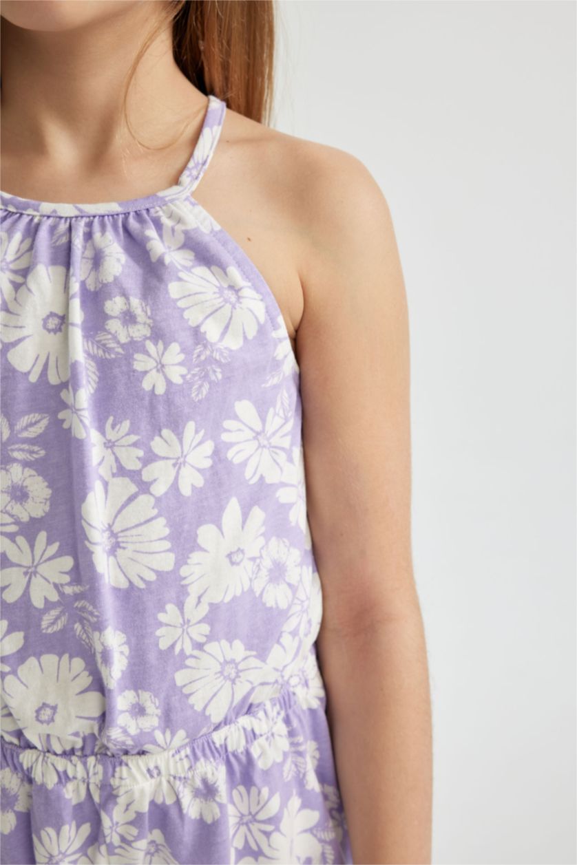 Kız Çocuk - Genç Kız Lila Kız Çocuk Askılı Çiçekli Penye Kısa Tulum